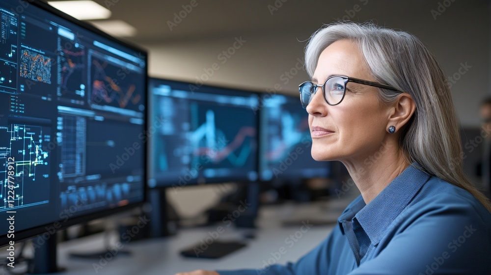 A focused woman analyzes data on multiple screens, showcasing expertise in technology and analytics in a modern workspace. A focused woman analyzes data on multiple screens, showcasing expertise in technology and analytics in a modern workspace.