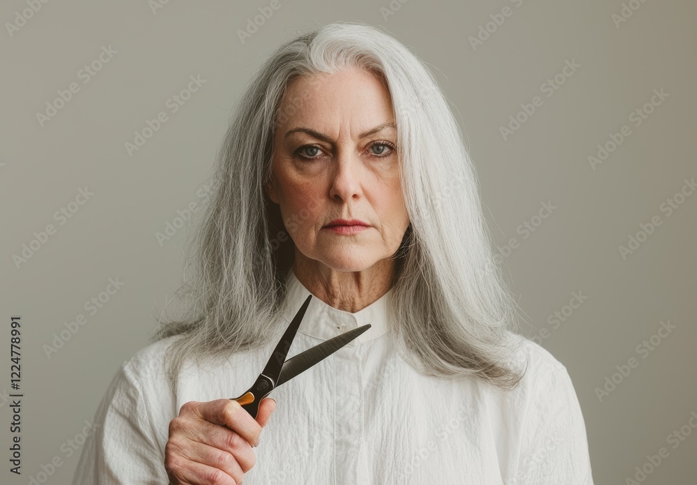 Obraz premium Confident Senior Woman Holding Scissors, Portrait