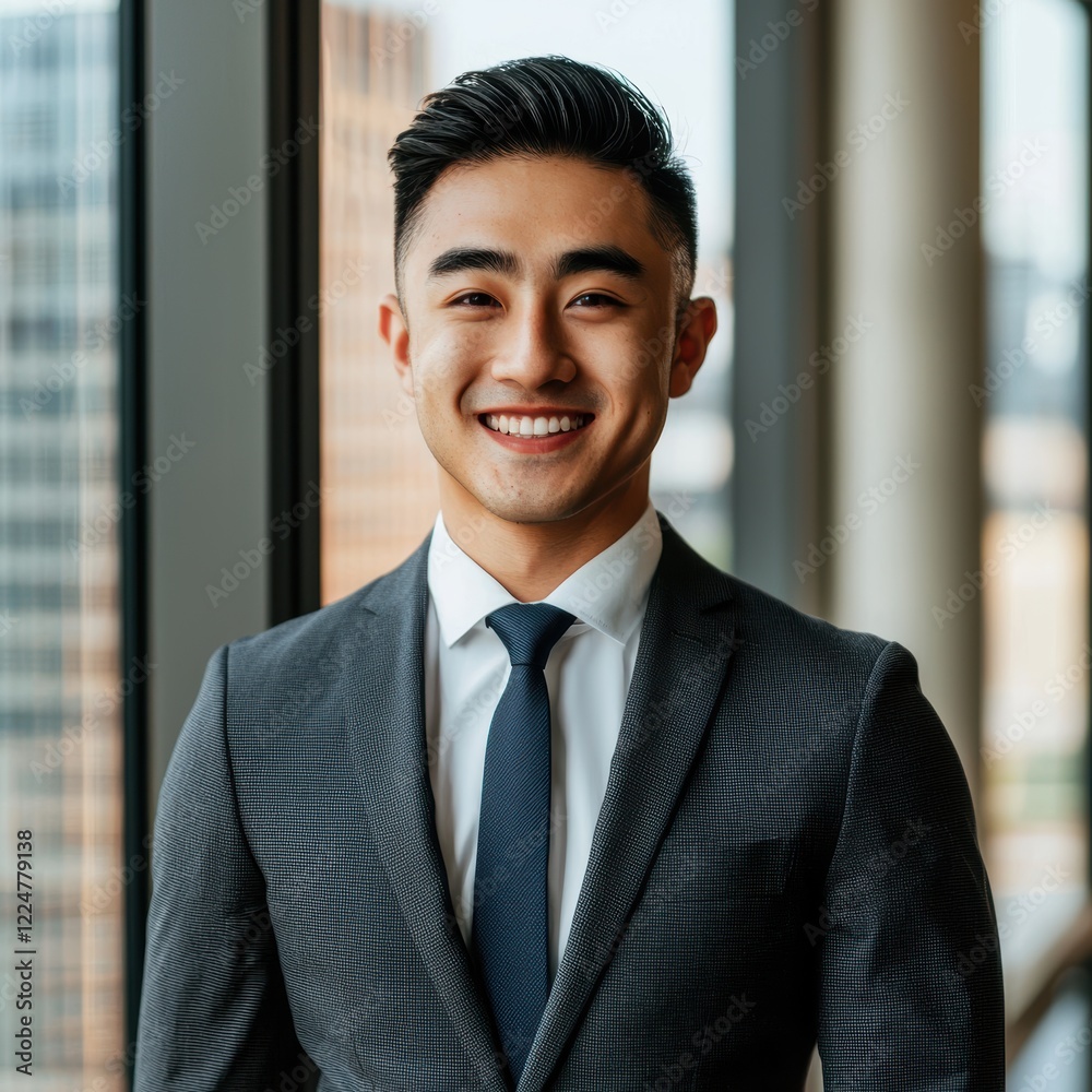 Confident Young Businessman Smiling in Modern Office Setting Confident Young Businessman Smiling in Modern Office Setting