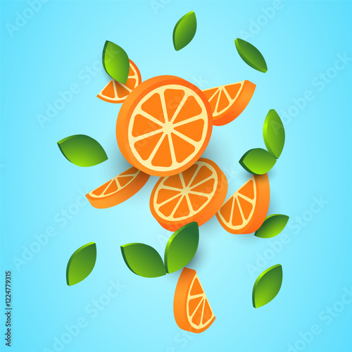 Pieces of juicy orange, tangerine on a light background. Fruit poster, placard, cover, banner. Simple three-dimensional style