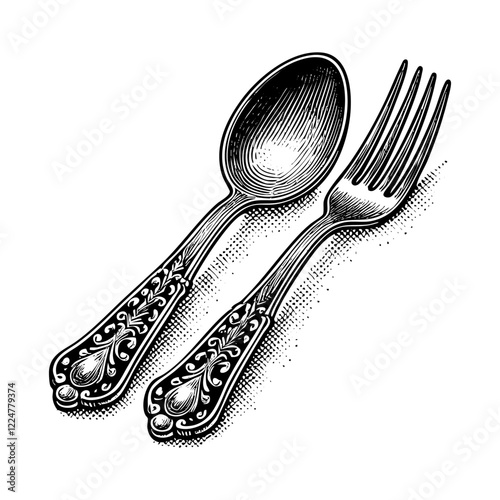 Fork and spoon engraving black and white outline. Scratch board imitation.  illustrated in vintage line art style on a white background.
