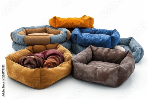 Cozy canine comfort showcased in an array of vibrant dog beds arranged artfully indoors isolated on transparent background photo