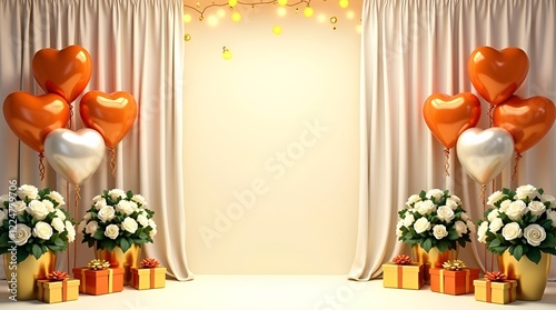 Indian stage decoration with copy space. Colorful backdrop with orange curtains, marigold garlands and pink flowers. Cushions on bench for seating. Background for invitation or greeting card,indian in