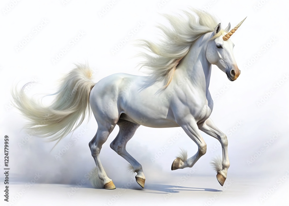 Majestic Unicorn Trotting in Dreamy White Background - Fantasy Horse Stock Photo