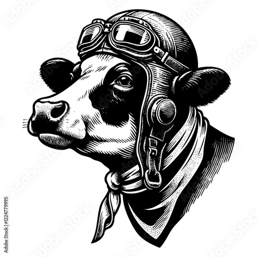 Cow wears retro pilot helmet engraving black and white outline. Scratch board imitation. illustrated in vintage line art style on a white background.