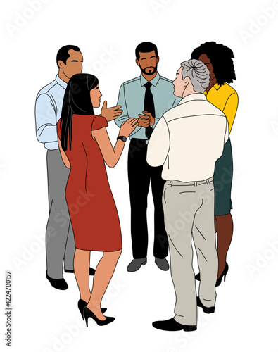 Group of different business people standing in circle, having casual meeting. Colored outline hand drawn vector illustration isolated on transparent background