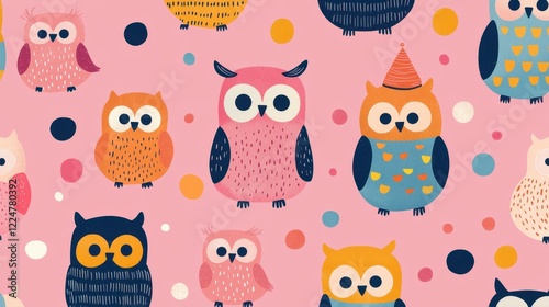 Cute Owls Seamless Pattern A Whimsical Pink Background