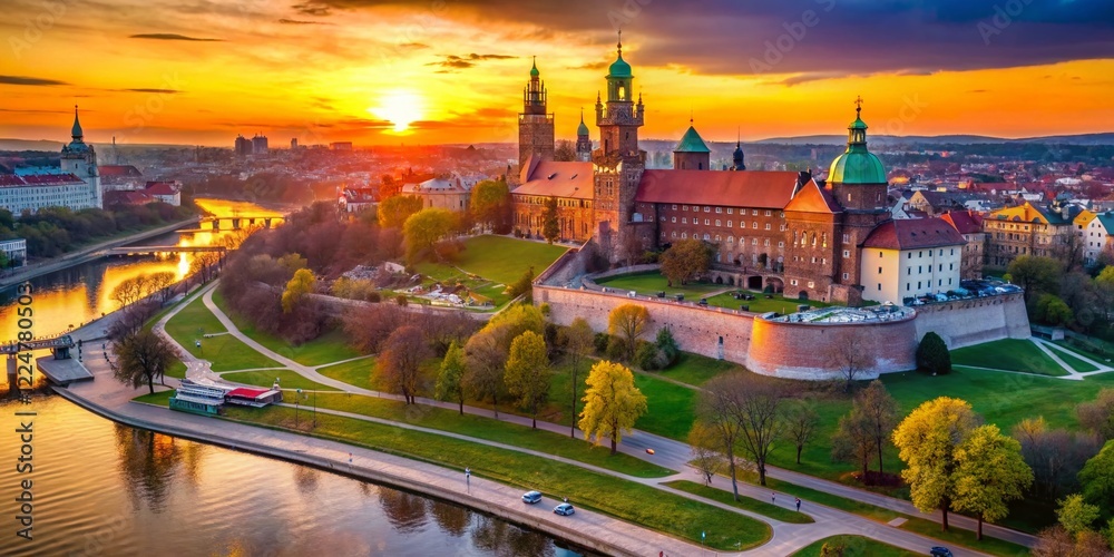 Fototapeta premium Majestic Wawel Cathedral & Castle at Sunset: Cracow, Poland Aerial View