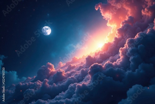 Swirling clouds of gas and dust in a deep blue void with scattered stars and the radiant light of the glowing moon, dust, cosmic, gas