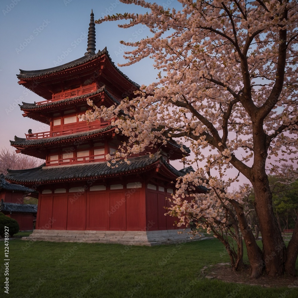 A flowering cherry tree beside a red wooden pagoda, glowing under the soft light of a lantern-lit evening. A flowering cherry tree beside a red wooden pagoda, glowing under the soft light of a lantern-lit evening.