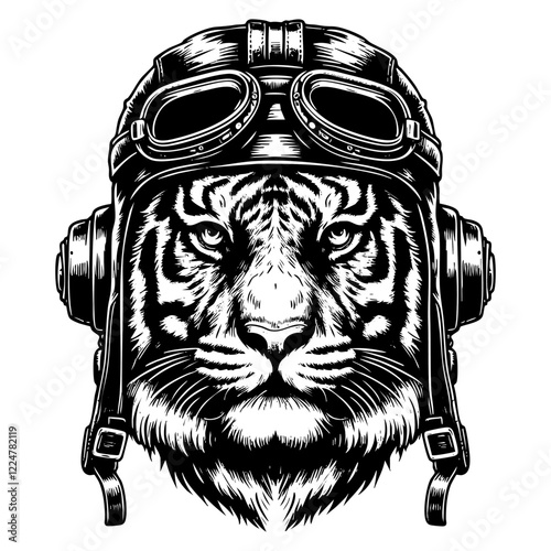 Tiger wears retro pilot helmet engraving black and white outline. Scratch board imitation. illustrated in vintage line art style on a white background.