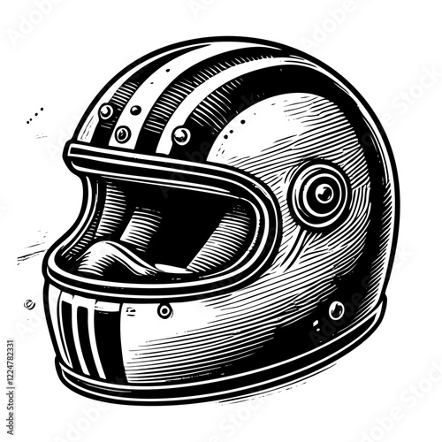 Racing helmet engraving black and white outline. Scratch board imitation. illustrated in vintage line art style on a white background.
