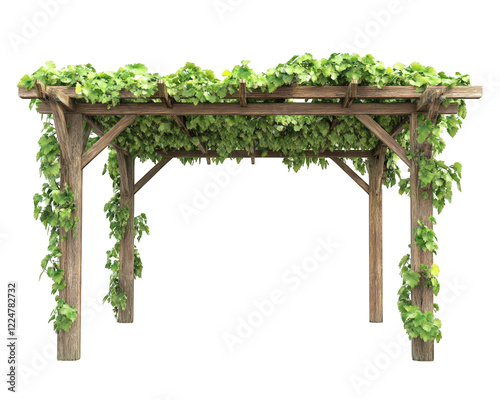wooden garden pergola covered with lush green vines, providing shade and natural aesthetic. This structure enhances outdoor spaces, creating serene atmosphere