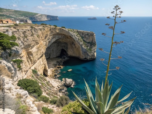 Malta's Blue Grotto Arch, Agave, and Filfla Island: Mediterranean Coastal Scene photo