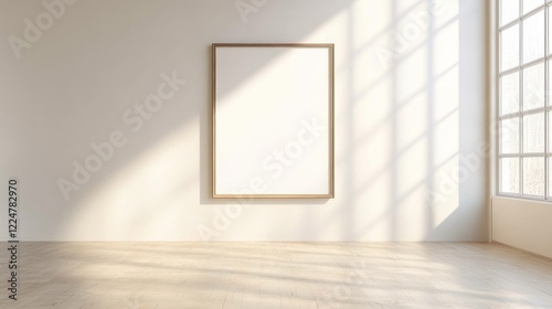 Blank 16x20 frame mockup positioned on light wall in a brightly lit room with shadows