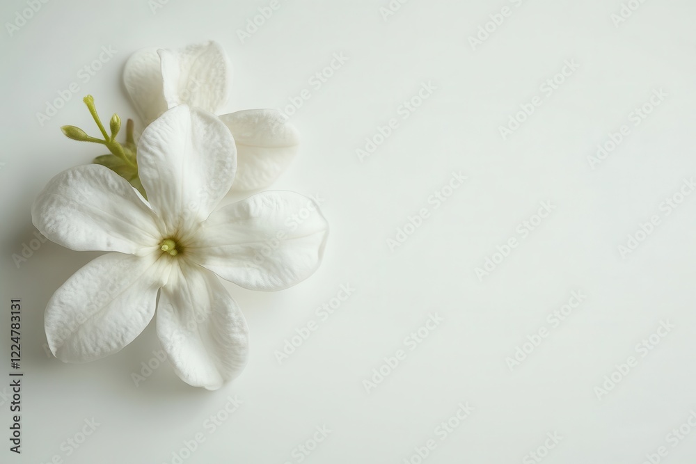 White jasmine flowers on white background, minimalist floral design, invitation card White jasmine flowers on white background, minimalist floral design, invitation card