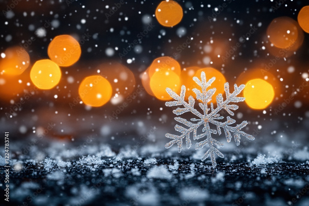 Winter night with falling snow and a silver snowflake against warm golden bokeh light