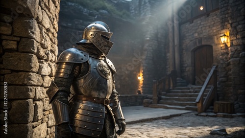 Medieval Knight in Full Armor, Standing Proudly - Stock Photo