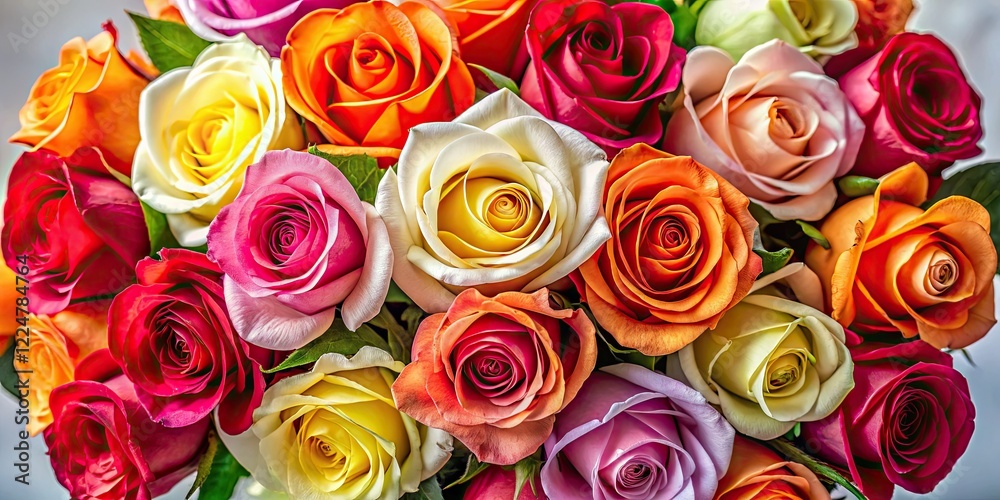 Atop a pristine white backdrop, a lavish rose bouquet unfurls in diverse, captivating shades. Atop a pristine white backdrop, a lavish rose bouquet unfurls in diverse, captivating shades.