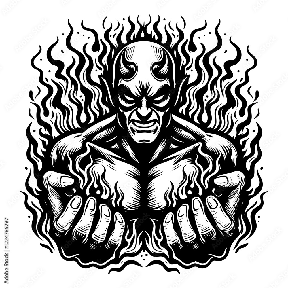 Fototapeta premium Satan with flame engraving black and white outline. Scratch board imitation. illustrated in vintage line art style on a white background.