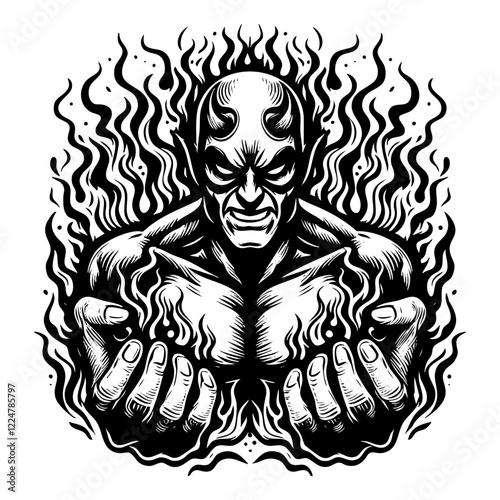 Satan with flame engraving black and white outline. Scratch board imitation.  illustrated in vintage line art style on a white background.