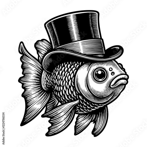 gold fish wear top hat sketch engraving black and white outline. Scratch board imitation.  illustrated in vintage line art style on a white background.