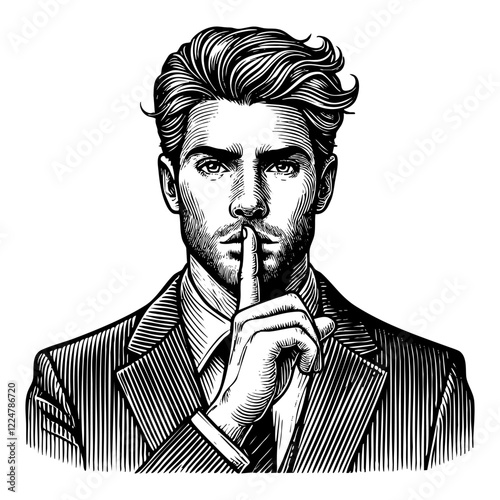 man wear suit giving silent gesture sketch engraving black and white outline. Scratch board imitation.  illustrated in vintage line art style on a white background.
