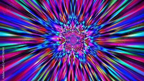 Kaleidoscopic tunnel expanding with vibrant, luminous rays, creating hypnotic visual journey through mesmerizing chromatic dimensions and surreal geometric patterns