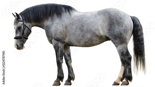 Percheron Horse with Dapple-Gray Coat and Strong Build Isolated on White Background, Majestic Draft Horse Breed Known for Its Strength and Beauty, Perfect for Stock Photography