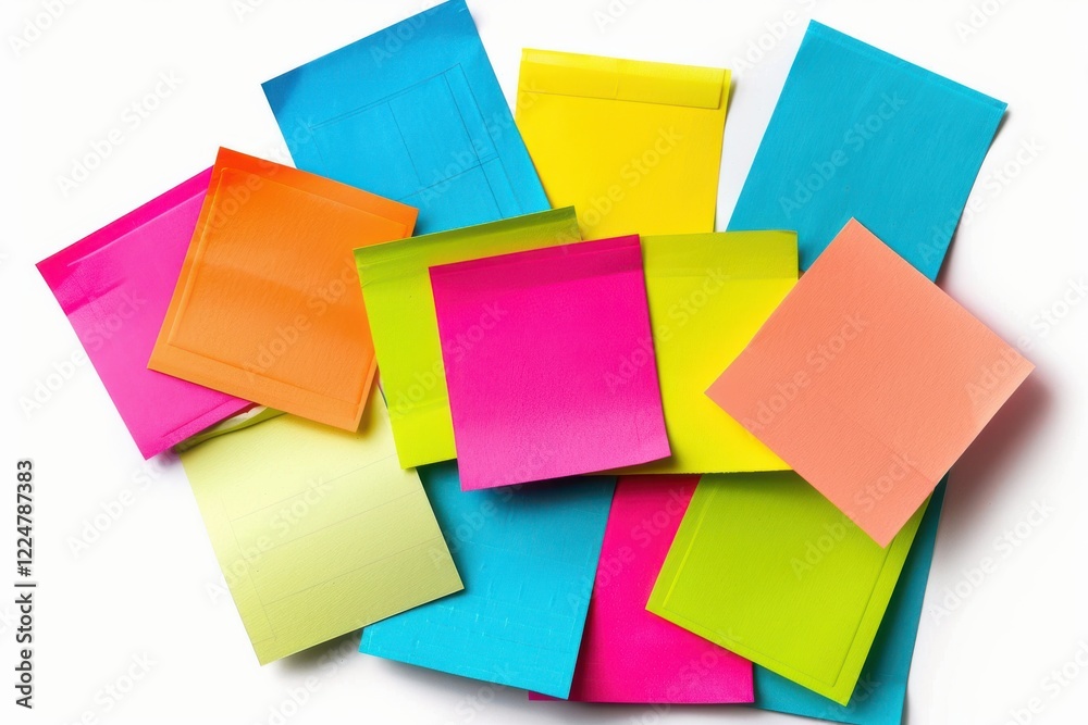 Brightly colored sticky notes scattered artistically on a clean white surface, capturing moments of creativity and organization isolated on transparent background Brightly colored sticky notes scattered artistically on a clean white surface, capturing moments of creativity and organization isolated on transparent background