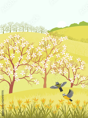 vector drawing spring landscapes with butterflies, flowers, tit birds, sun and trees, hand drawn illustration