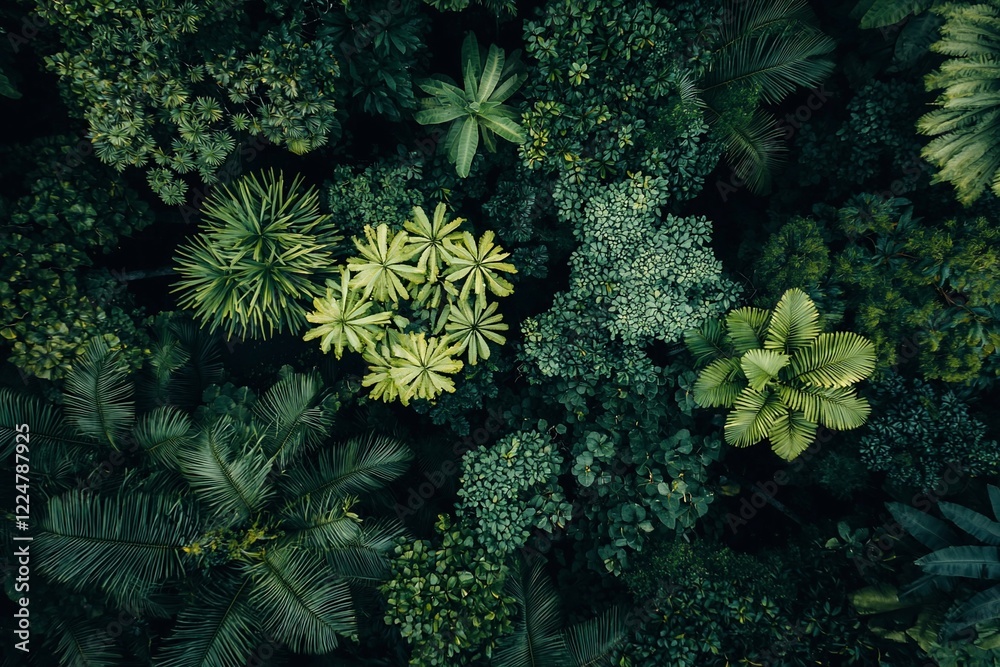 Obraz premium Aerial view of a lush green forest canopy showcasing diverse plant life and vibrant foliage