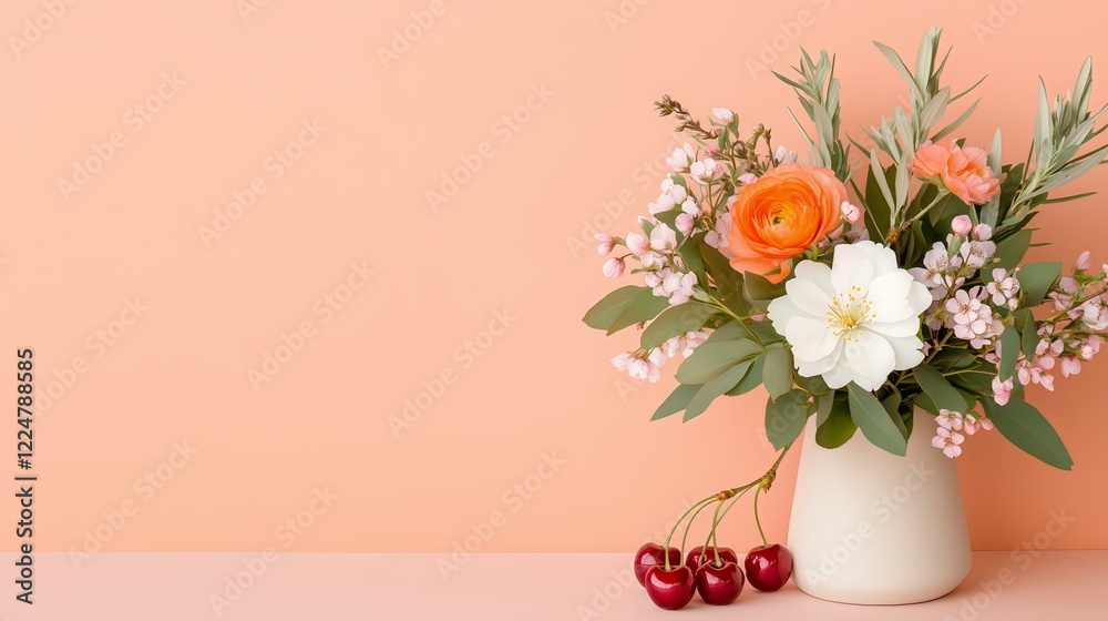 Fototapeta premium Elegant floral arrangement in vase with cherries against peach background