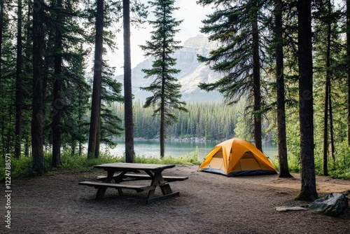 A tranquil campsite near a glacial lake in Banff National Park, surrounded by dense pine forests.
