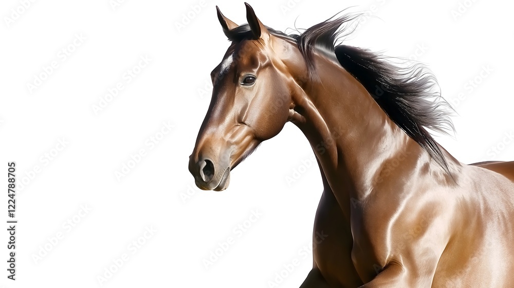 Obraz premium Elegant Selle Français Horse with Shiny Bay Coat and Athletic Build Isolated on White Background, Graceful Warmblood Breed for Show Jumping and Dressage, Majestic Equine Stock Photo