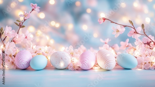 Pastel Easter Eggs with Blooming Branches and Fairy Lights