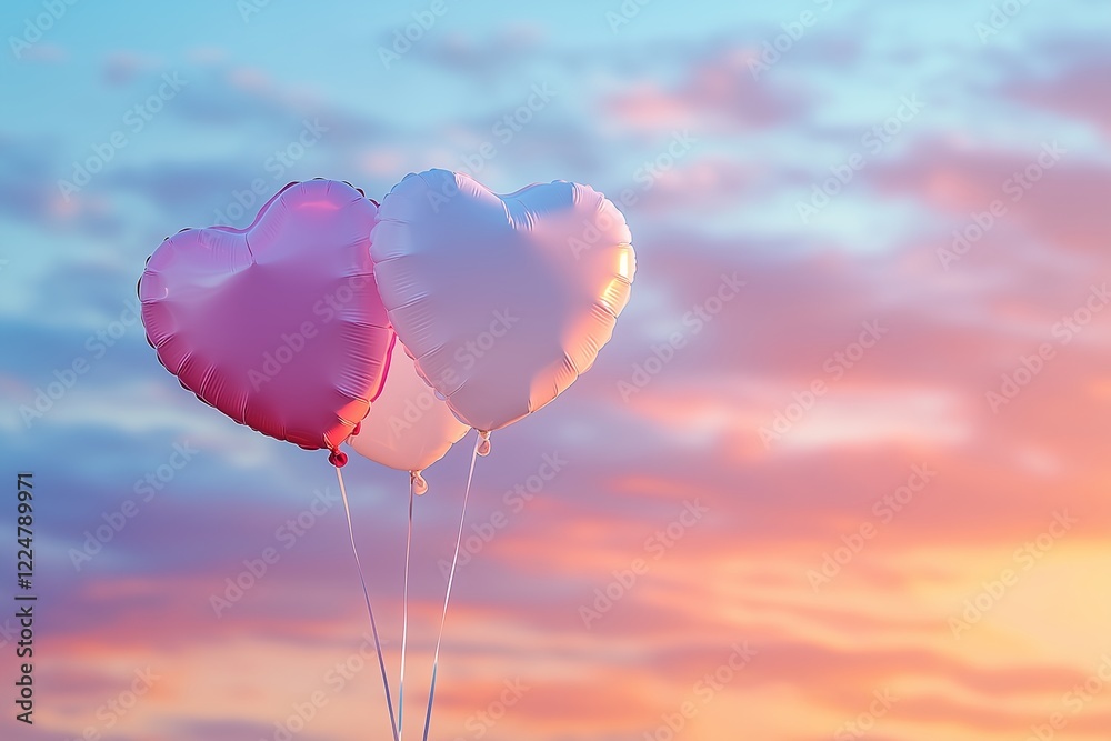 Obraz premium A beautiful trio of heart-shaped foil balloons in pink and white gracefully floating against a vibrant sunset sky.