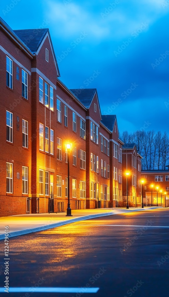Naklejka premium Modern Suburban Residential Building Glowing at Twilight, Architectural Exterior Stock Photo