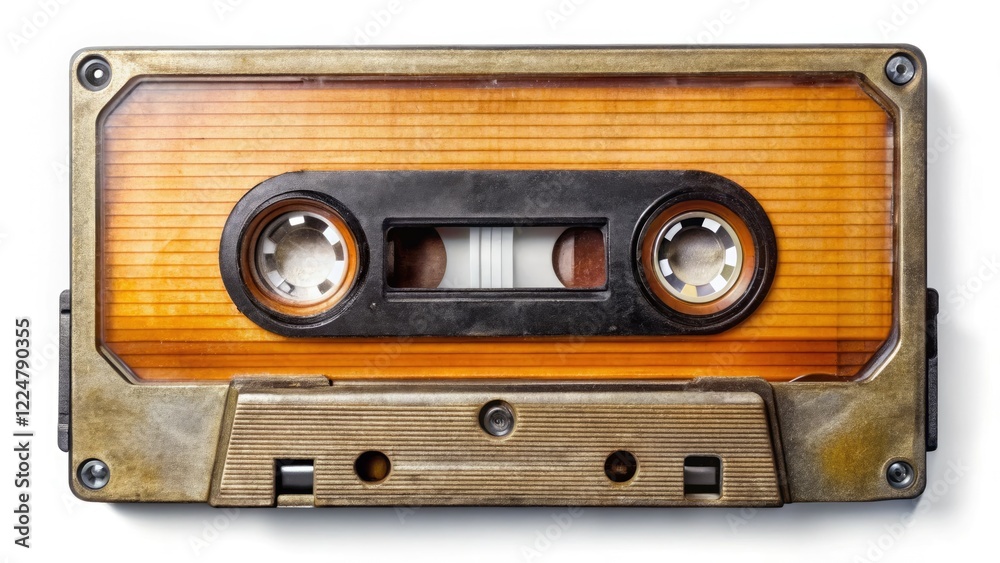 Obraz premium Close-up of a vintage cassette tape, isolated on white, evoking 80s retro music nostalgia.