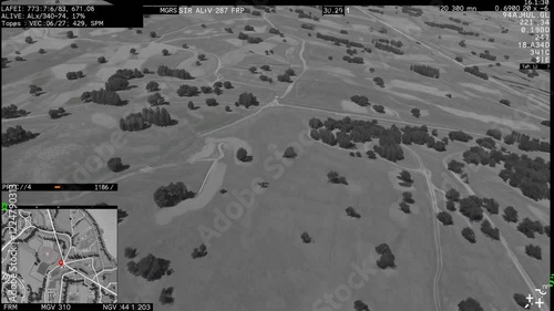 Wallpaper Mural Monochrome aerial view displaying a rural landscape with fields and trees, featuring a digital map interface highlighting a specific location with a red marker Torontodigital.ca