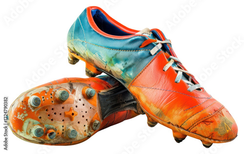 PNG Worn muddy soccer cleats pair photo