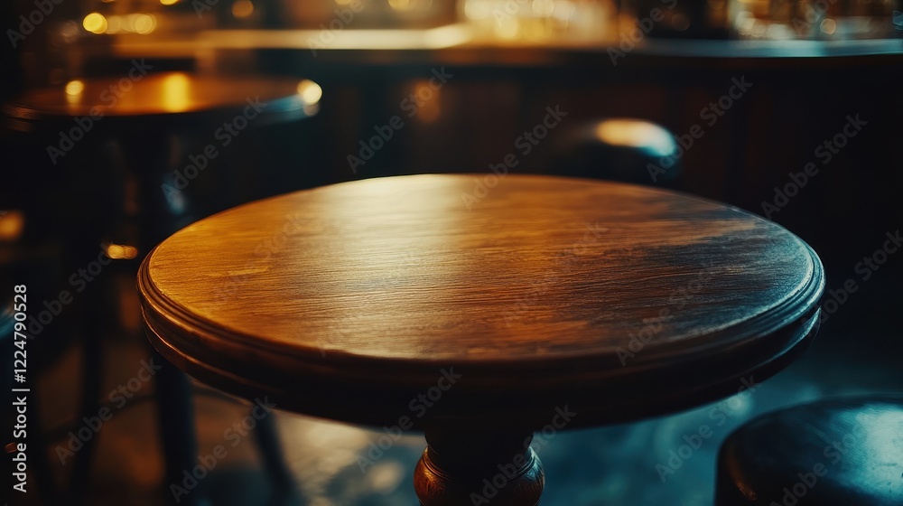 Obraz premium Polished Wooden Pub Table in a dimly lit bar