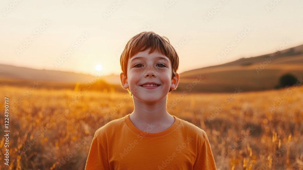Happy Boy Smiling in Golden Wheat Field at Sunset