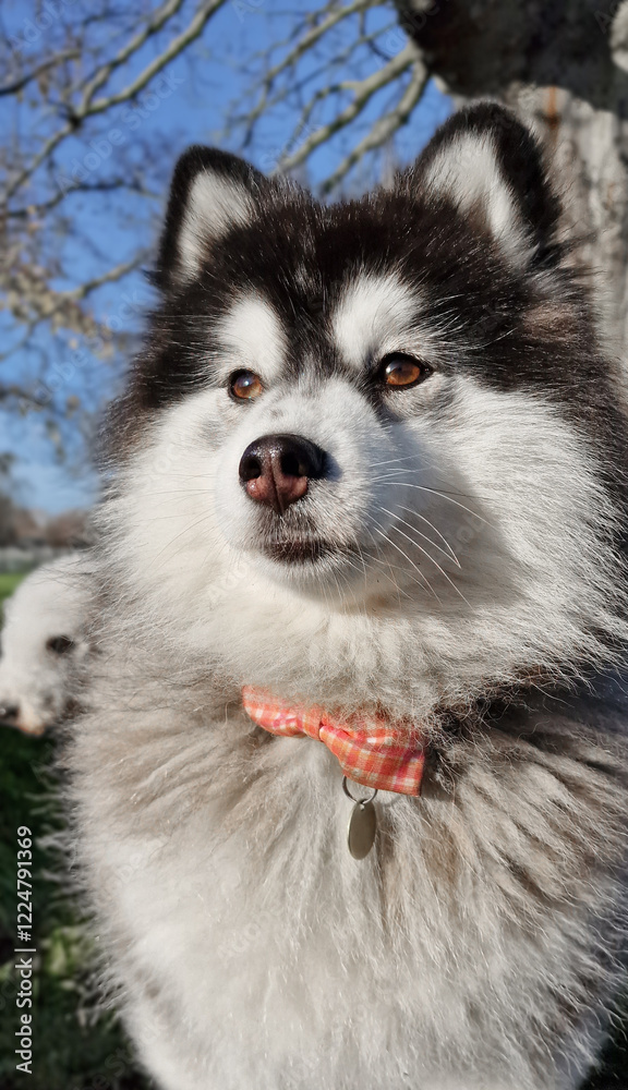 Obraz premium A portrait of an adorable, fluffy Pomsky dog. Siberian Husky mix with Pomeranian. Cute designer dog breed