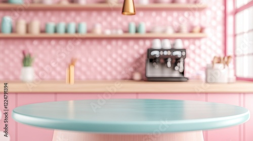 Empty Pastel Blue Tabletop in a Pink Cafe - Mockup for Product Display