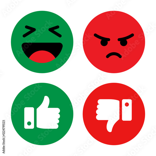 Happy, sad smiley and like, dislike icon symbol in red and green color circle. Smile, sad, thumb up, thumb down accept, reject symbol set. Smiley icon set. Like and Dislike symbol vector.