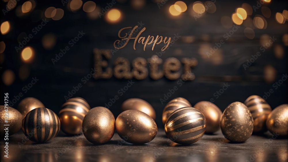 Naklejka premium Elegant easter egg display with golden decorations and bokeh lights