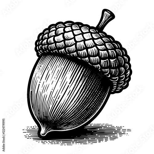 Acorn engraving black and white outline. Scratch board imitation.  illustrated in vintage line art style on a white background.