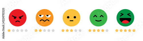 Rating emoji with star set with good to bad customer feedback experience indicator vector image. Five-star rating emoji icon set. Emoji feedback scale with stars line. Rating emoji vector collection.