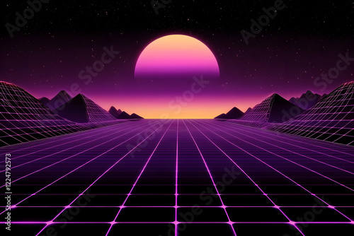 Retro futuristic landscape with glowing grid and large planet under starry night sky.